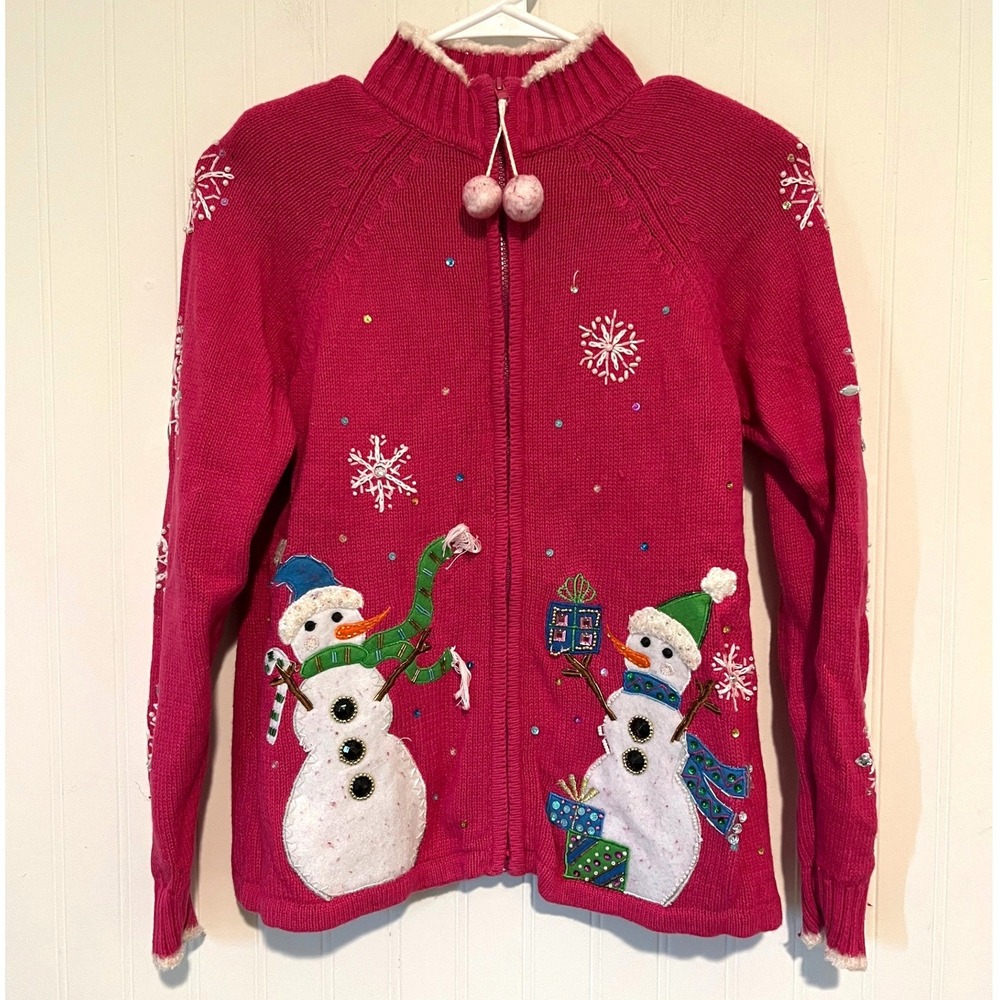 Vintage Tiara International Jacket Women S Pink Snowman Sequin Holiday Zip